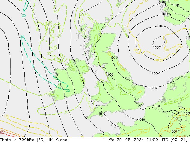 Theta-e 700hPa UK-Global  29.05.2024 21 UTC