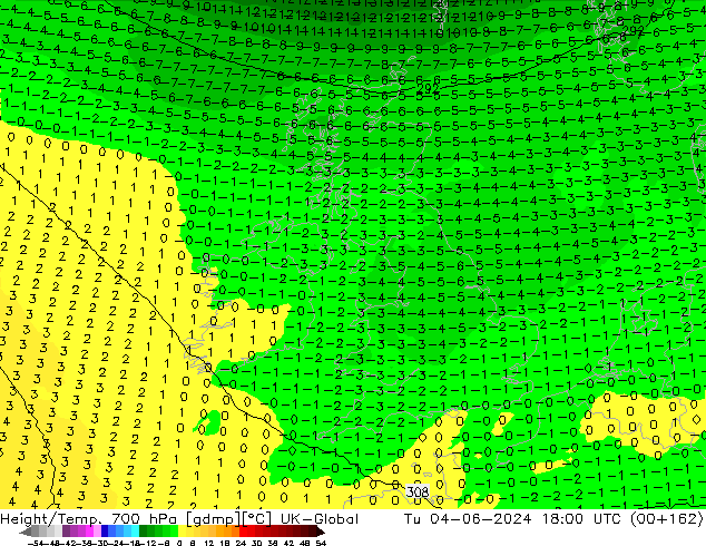 Geop./Temp. 700 hPa UK-Global mar 04.06.2024 18 UTC