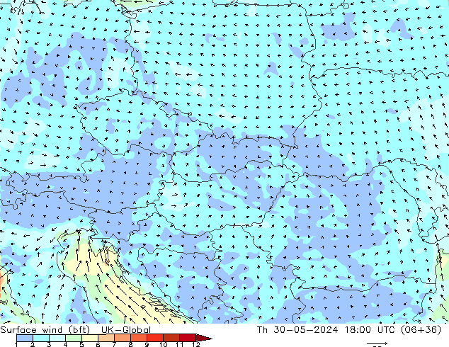 Surface wind (bft) UK-Global Th 30.05.2024 18 UTC