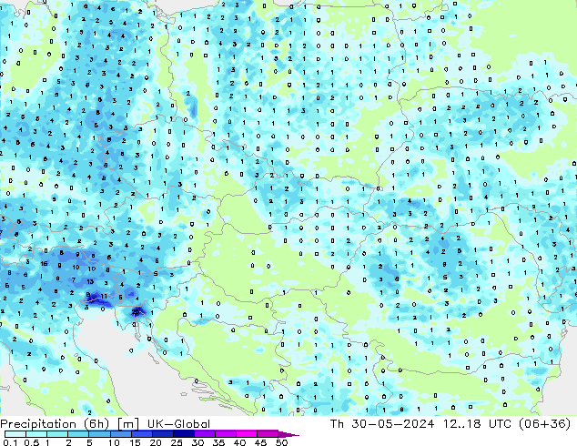 Precipitation (6h) UK-Global Th 30.05.2024 18 UTC