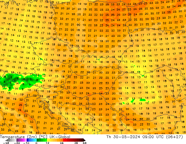 Temperature (2m) UK-Global Th 30.05.2024 09 UTC