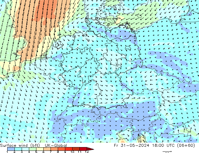 Rüzgar 10 m (bft) UK-Global Cu 31.05.2024 18 UTC