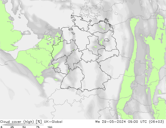 Cloud cover (high) UK-Global We 29.05.2024 09 UTC