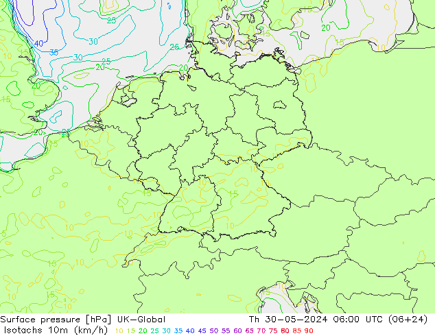 Isotachen (km/h) UK-Global Do 30.05.2024 06 UTC