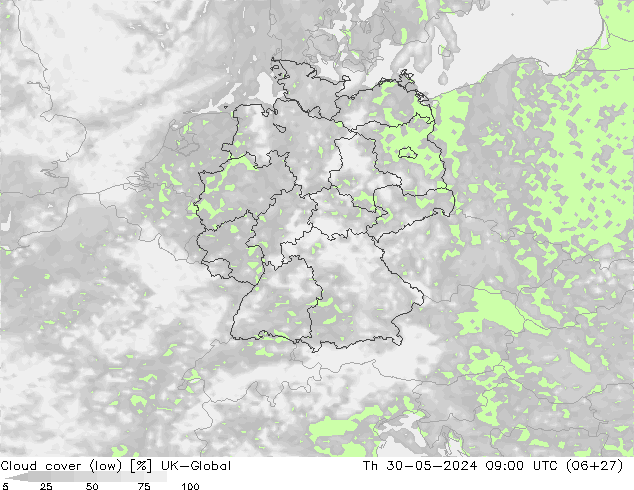 Cloud cover (low) UK-Global Th 30.05.2024 09 UTC