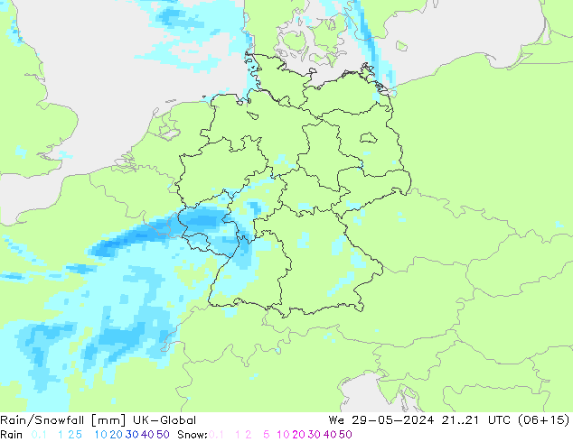 Rain/Snowfall UK-Global śro. 29.05.2024 21 UTC