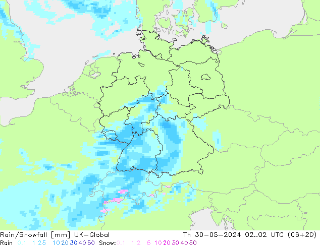 Rain/Snowfall UK-Global gio 30.05.2024 02 UTC