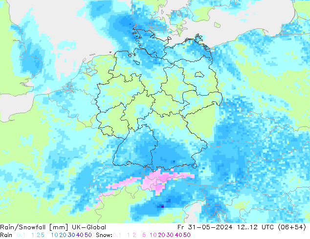 Rain/Snowfall UK-Global ven 31.05.2024 12 UTC
