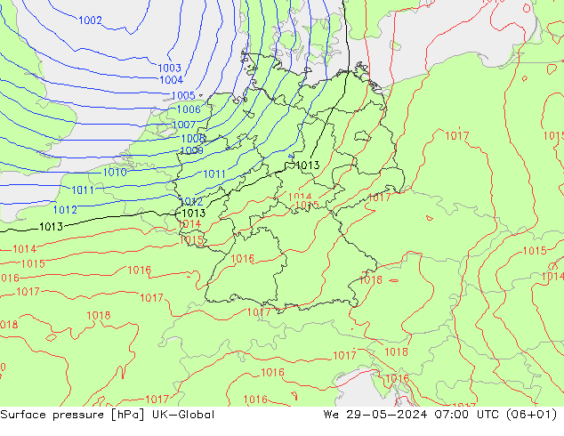 Surface pressure UK-Global We 29.05.2024 07 UTC