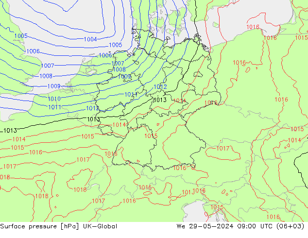 Pressione al suolo UK-Global mer 29.05.2024 09 UTC