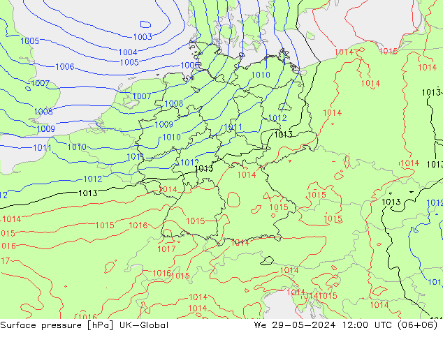 Pressione al suolo UK-Global mer 29.05.2024 12 UTC