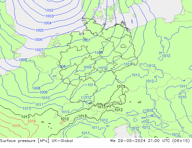 Surface pressure UK-Global We 29.05.2024 21 UTC