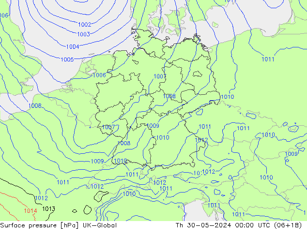 Atmosférický tlak UK-Global Čt 30.05.2024 00 UTC