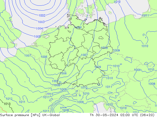 Pressione al suolo UK-Global gio 30.05.2024 02 UTC