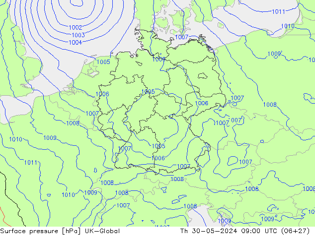 Surface pressure UK-Global Th 30.05.2024 09 UTC