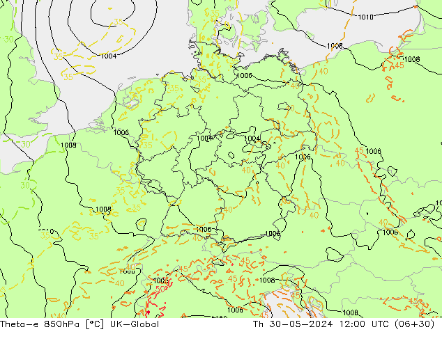 Theta-e 850гПа UK-Global чт 30.05.2024 12 UTC