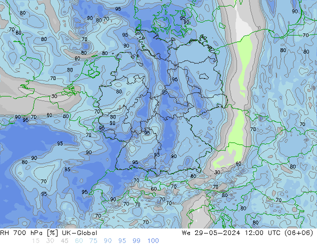 Humidité rel. 700 hPa UK-Global mer 29.05.2024 12 UTC