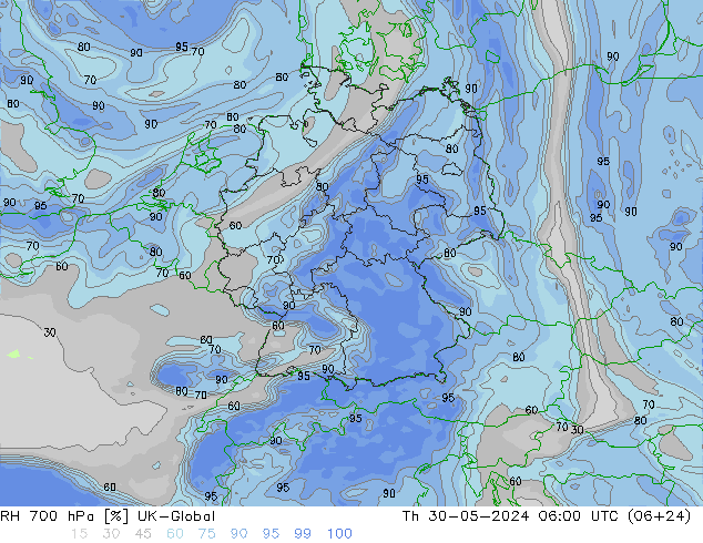 RH 700 hPa UK-Global Do 30.05.2024 06 UTC