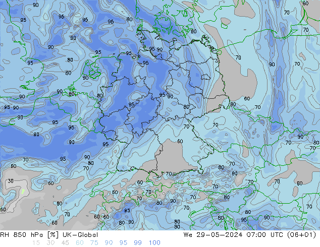 RH 850 hPa UK-Global We 29.05.2024 07 UTC