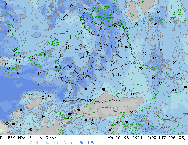 Humedad rel. 850hPa UK-Global mié 29.05.2024 12 UTC