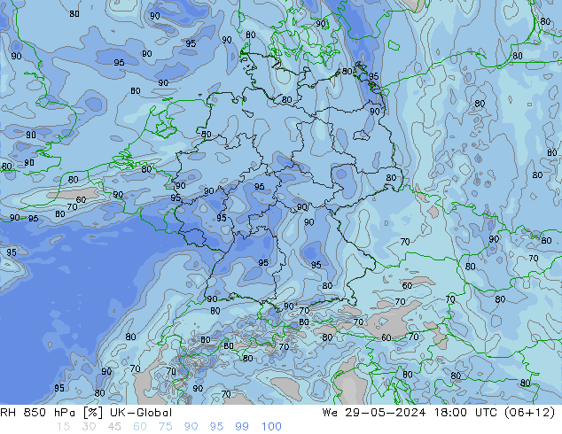 RH 850 hPa UK-Global śro. 29.05.2024 18 UTC