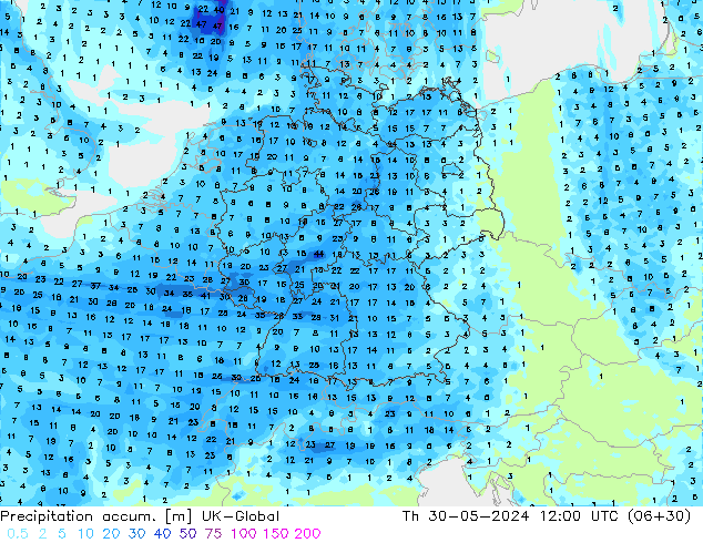Precipitation accum. UK-Global чт 30.05.2024 12 UTC