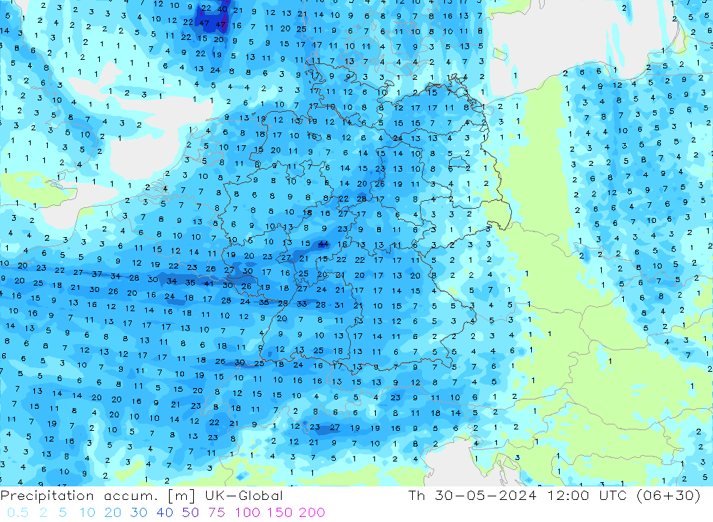 Precipitation accum. UK-Global  30.05.2024 12 UTC