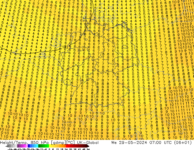 Height/Temp. 850 hPa UK-Global We 29.05.2024 07 UTC