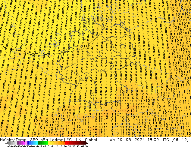 Hoogte/Temp. 850 hPa UK-Global wo 29.05.2024 18 UTC