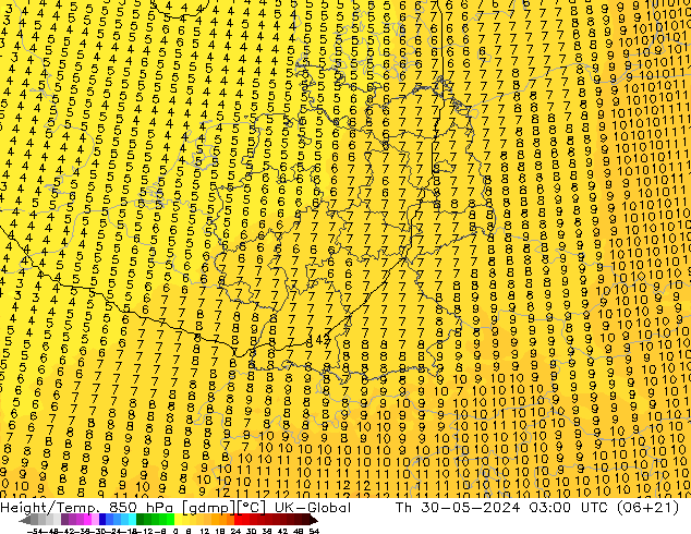 Height/Temp. 850 hPa UK-Global gio 30.05.2024 03 UTC