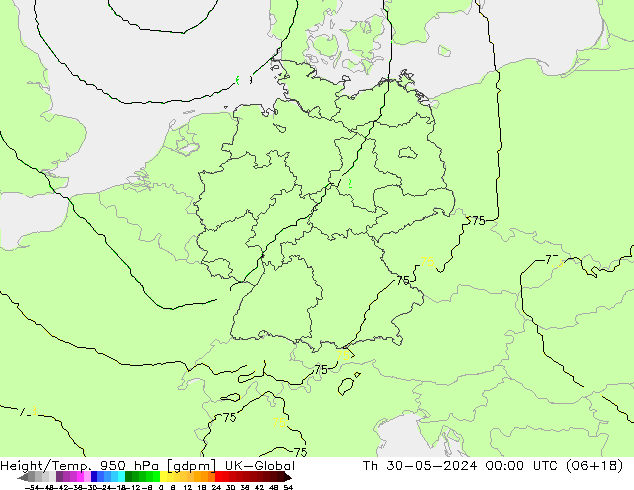 Height/Temp. 950 hPa UK-Global gio 30.05.2024 00 UTC