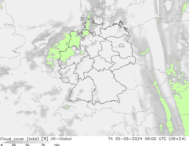 Nubes (total) UK-Global jue 30.05.2024 06 UTC