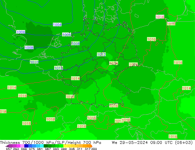 Thck 700-1000 гПа UK-Global ср 29.05.2024 09 UTC