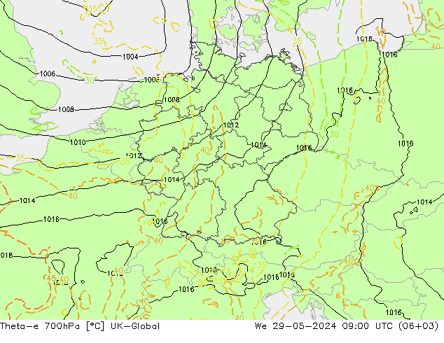 Theta-e 700hPa UK-Global We 29.05.2024 09 UTC