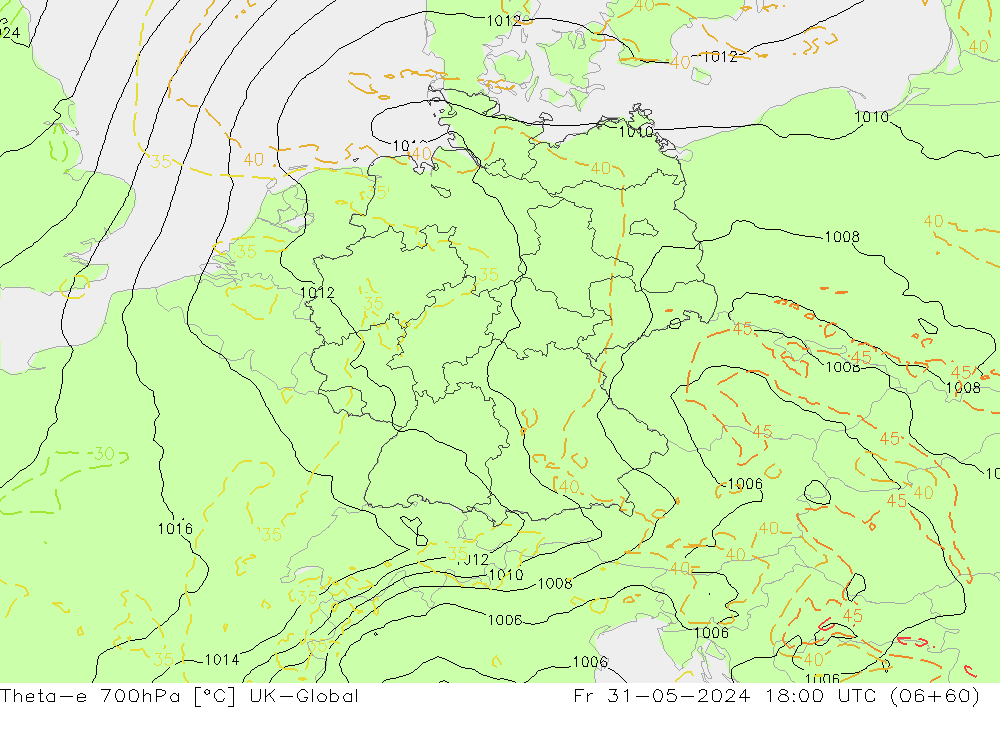 Theta-e 700hPa UK-Global Pá 31.05.2024 18 UTC