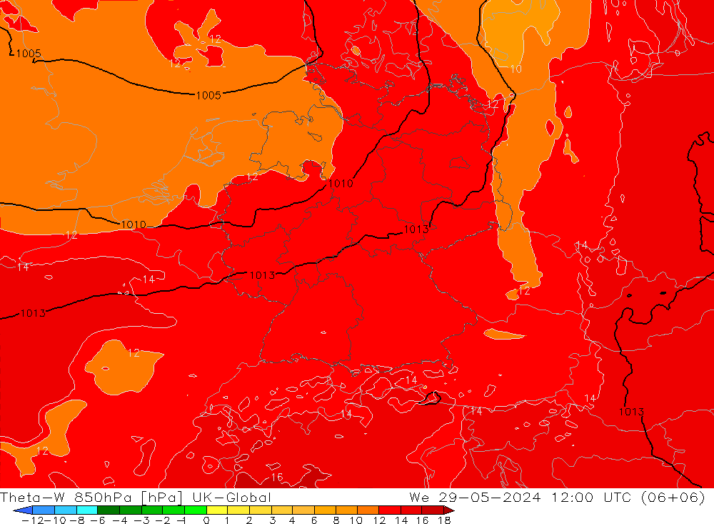 Theta-W 850hPa UK-Global Çar 29.05.2024 12 UTC