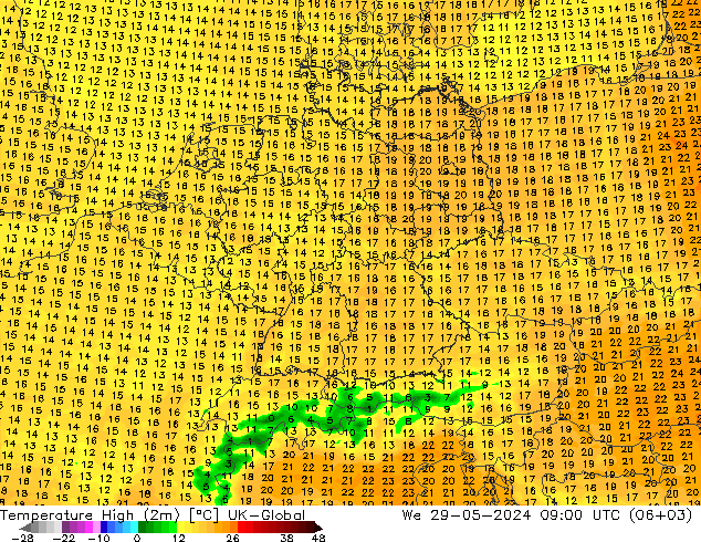 Temperatura máx. (2m) UK-Global mié 29.05.2024 09 UTC