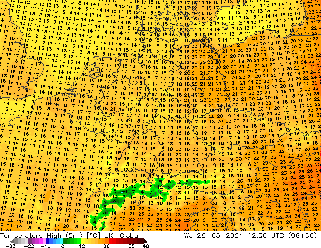 Temperature High (2m) UK-Global We 29.05.2024 12 UTC