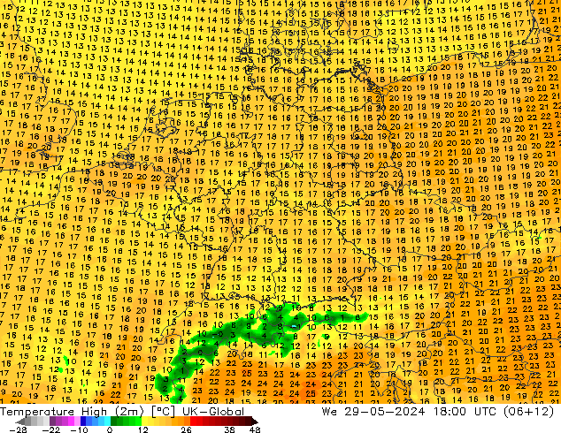 Höchstwerte (2m) UK-Global Mi 29.05.2024 18 UTC