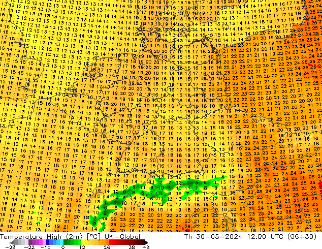 Nejvyšší teplota (2m) UK-Global Čt 30.05.2024 12 UTC