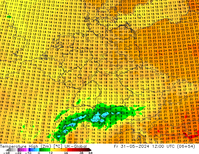 Temperature High (2m) UK-Global Fr 31.05.2024 12 UTC