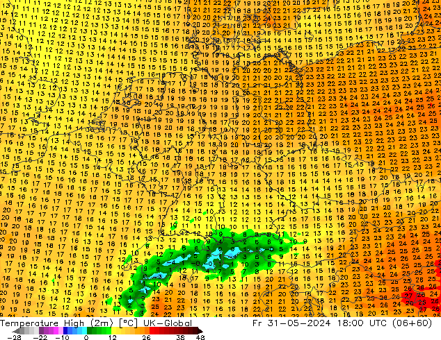 Nejvyšší teplota (2m) UK-Global Pá 31.05.2024 18 UTC