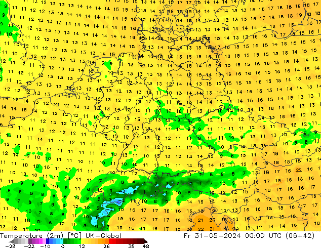 Temperature (2m) UK-Global Pá 31.05.2024 00 UTC