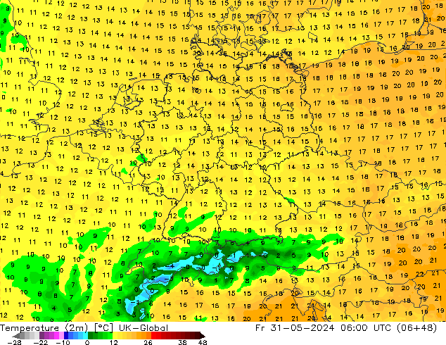 Temperature (2m) UK-Global Fr 31.05.2024 06 UTC