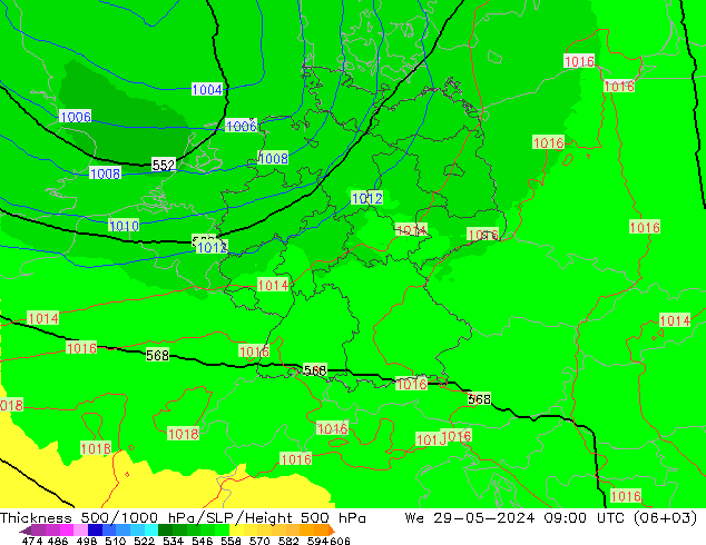 Schichtdicke 500-1000 hPa UK-Global Mi 29.05.2024 09 UTC