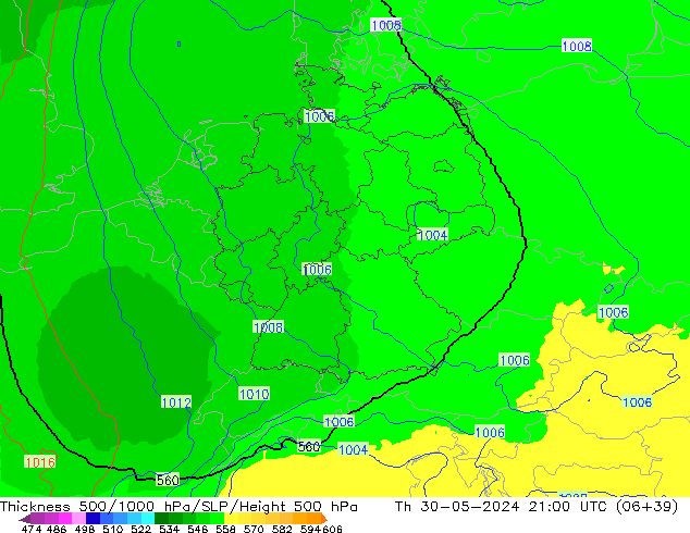 Thck 500-1000hPa UK-Global Čt 30.05.2024 21 UTC