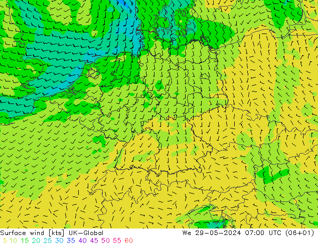 Surface wind UK-Global We 29.05.2024 07 UTC