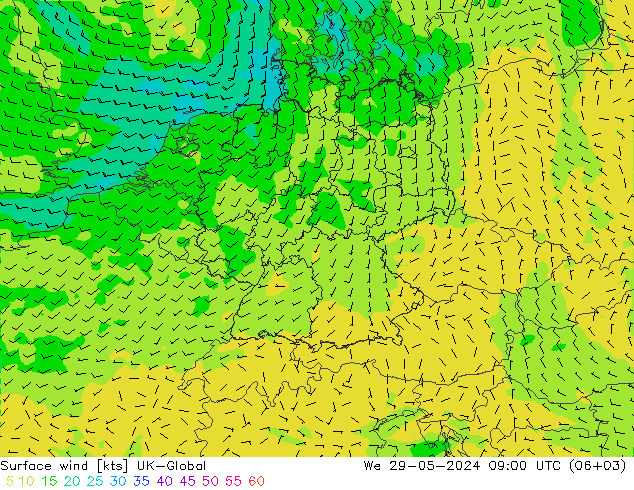 Vento 10 m UK-Global Qua 29.05.2024 09 UTC