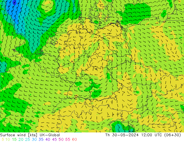 Surface wind UK-Global Čt 30.05.2024 12 UTC