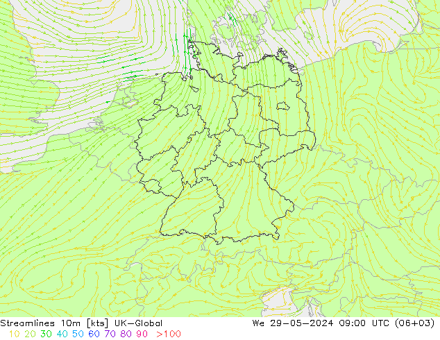 Streamlines 10m UK-Global We 29.05.2024 09 UTC